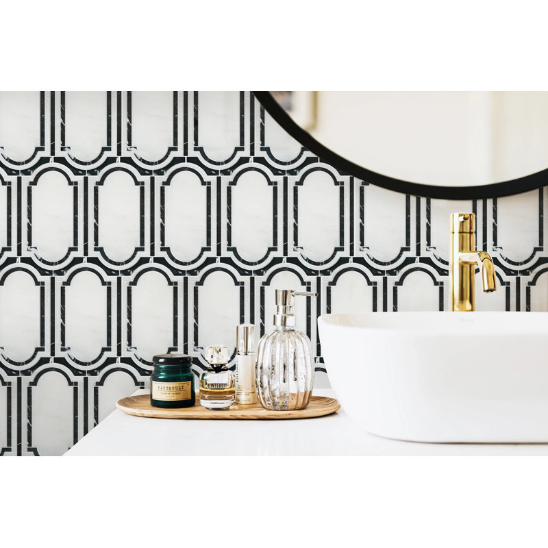 Carreaux de mosaïque de plancher et de mur à motif de jet d'eau oriental noir et blanc 12 po x 12 po Windows (1 pied carré / pièce)