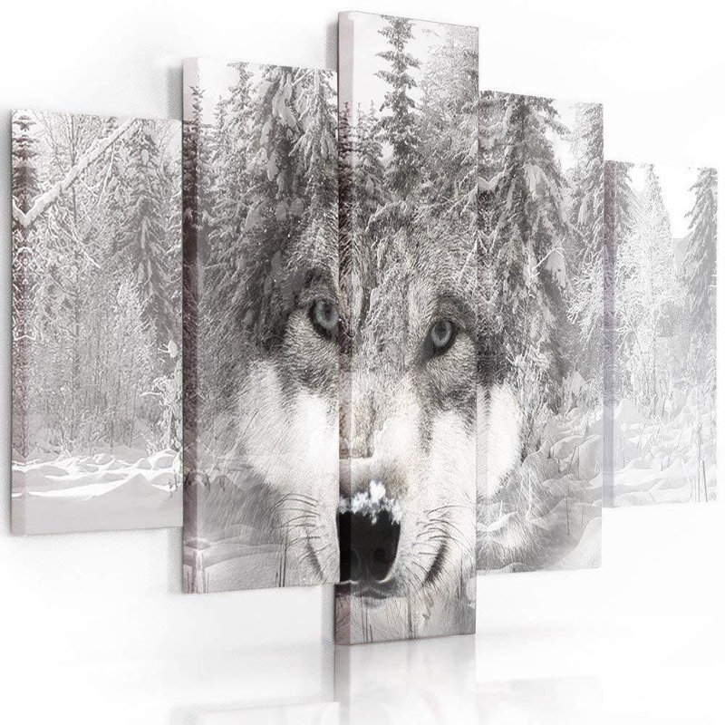 A Gray Wolf In The Forest - 5 Piece No Frame Set on Canvas, 70cm H x 100cm W