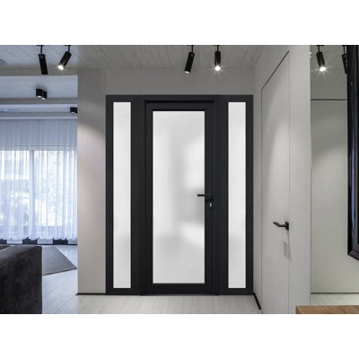 Façade extérieure en verre givré pré-suspendu Fibre de verre givré / Manux 8102 noir mat / 2 fenêtres extérieures latérales / Bureau Portes d'entrée commerciales et résidentielles Garage de garage-W12 + 30 + 12 po x H80 po -Ins droite