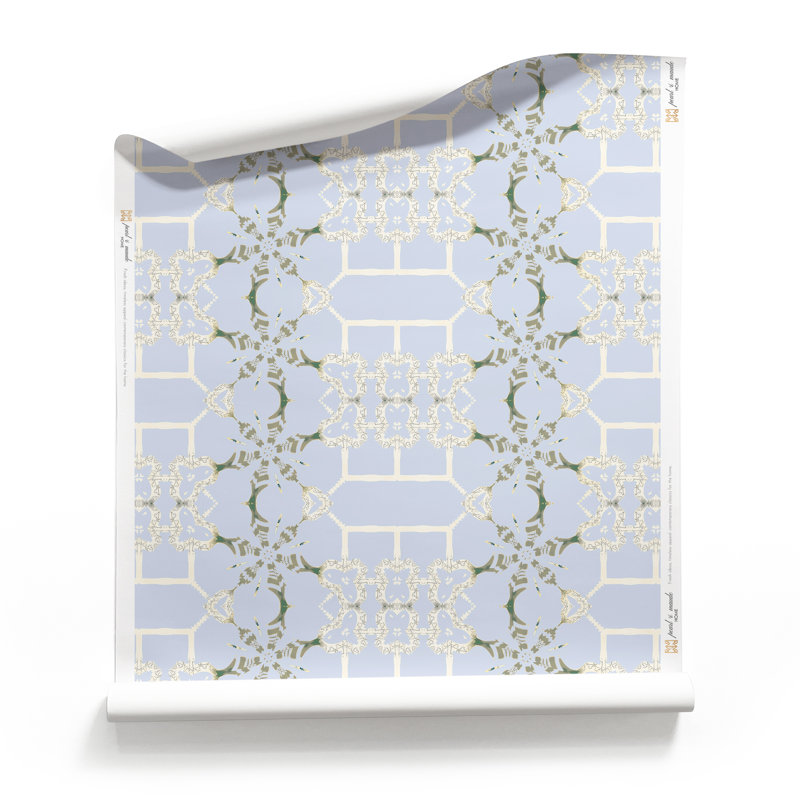 Arachné | Papier peint treillis Modern Chinoiserie, Ivoire / bleu / gris / beige