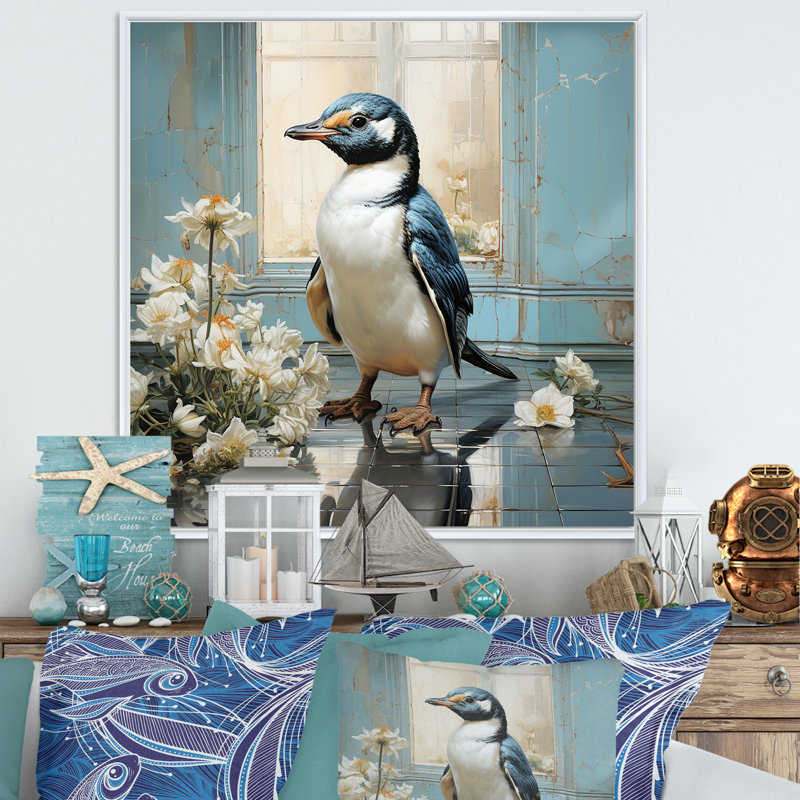 «White Penguin Floral Parade», art mural animal corbeau, Cadre flottant blanc, H 30 po x l 30 po x P 1,5 po