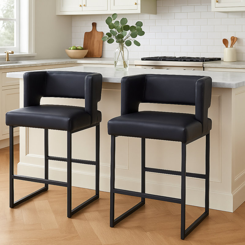 Faux Leather Upholstered Counter Bar Stool (Set of 2), Black, Black
