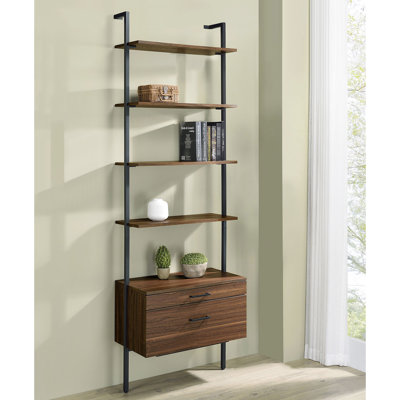 Contemporary Wall Bookcase, Four Shelves, Walnut Finish, Space, Bedroom, Office, Den Four-Shelf Industrial Influence, Home Office