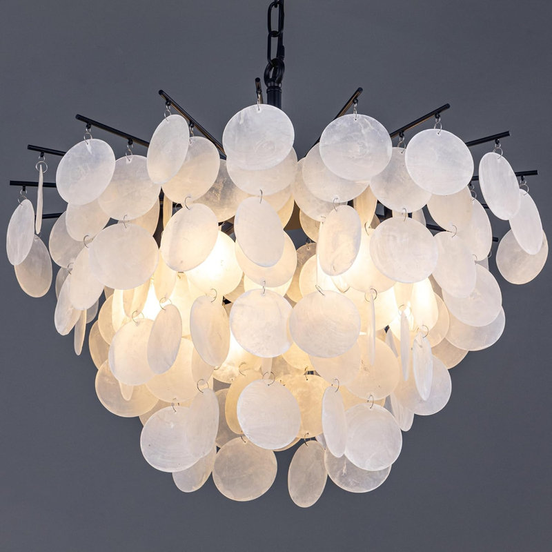 6 Light Modern Coastal Light Fixture Capiz Shell Chandelier, Black