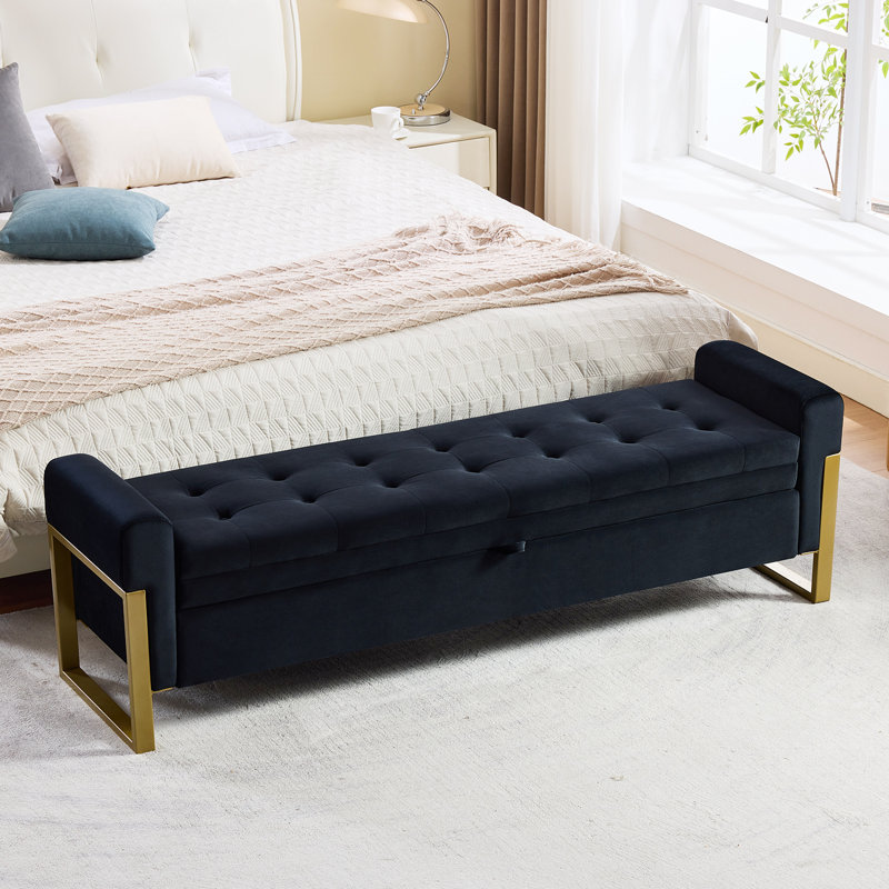 67'' W Modern Upholstered Flip Top Velvet Storage Bedroom Bench, Black Velvet