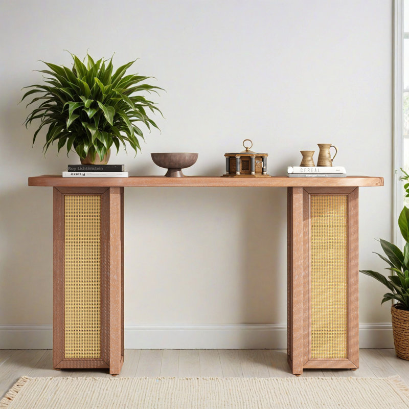 Table d'entrée 47,82 po Farmhouse Rattan Console, Bois naturel délavé