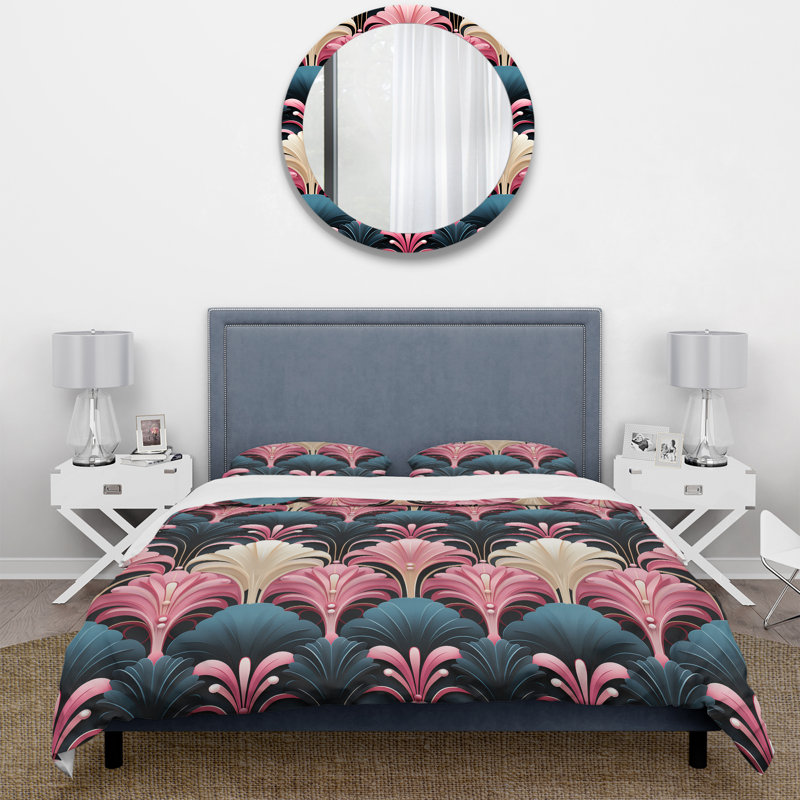 Ensemble de housse de couette damassé rose et bleu Art Deco, Housse de couette pour très grand lit et 2 très