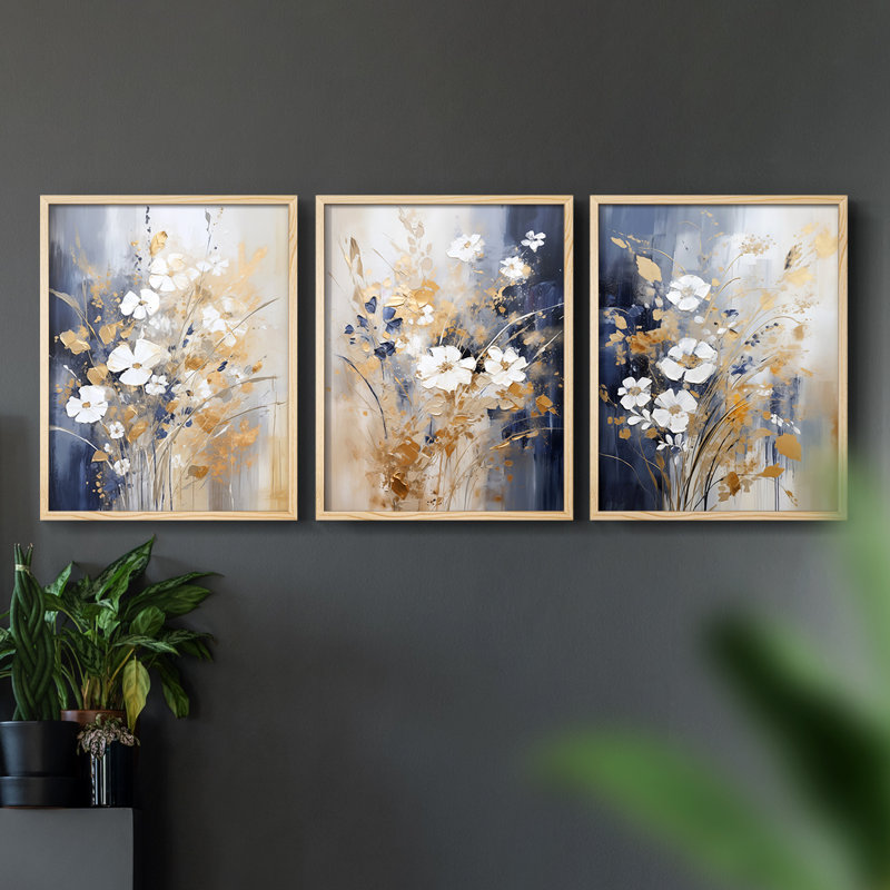 Étude florale Cxxi -Set de 3 estampes numériques encadrées -Prêt à, H 10 po x l 8 po, Encadré naturel
