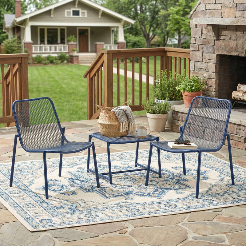 Ensemble de conversation d'extérieur 3 pièces avec cadre en fer - 2 chaises en filet et 1 table d'appoint, bleu marine Matter
