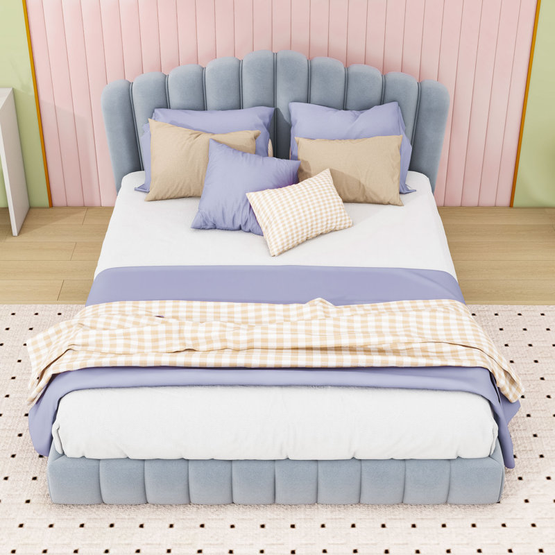 Queen Upholstered Platform Bed with Headboard, Light Blue