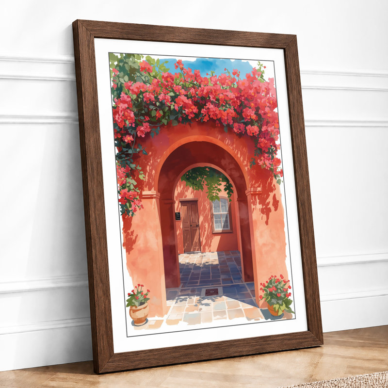Archway in Red Bougainvillea Coastal - Framed Print, A1 - 84.1 x 59.4 cm, Walnut