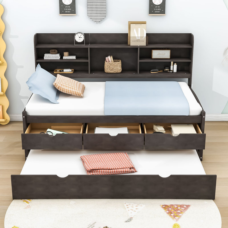 Twin Wood Captain Bed with Trundle, 3 Drawers and Built-in Shelves, Antique Brown