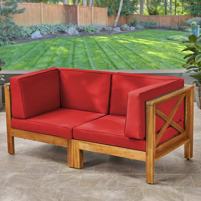 Causeuse modulaire d'extérieur moderne à dossier en X avec coussins résistants aux intempéries, Red, Teak