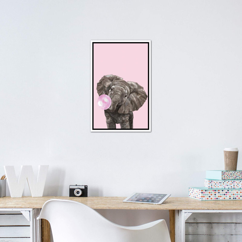Art d’éléphant de gomme à bulles, Toile blanche encadrée, H 48 po x l 32 po x P 1,5 po