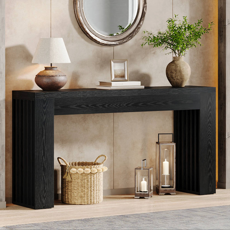 Console 59 pouces, canapé rectangulaire en bois derrière le canapé, Noir