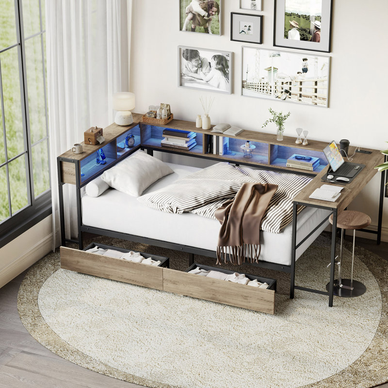 Corner Bed Frame With Bookcase And 2 Underbed Storage Drawers, Modern Bed With LED Light And Charging Station