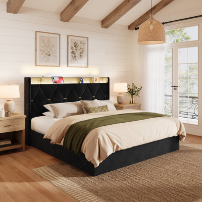 Lit plateforme tapissier avec rangement relevable et tête de lit à oreilles, station de charge à DEL, tissu chenille