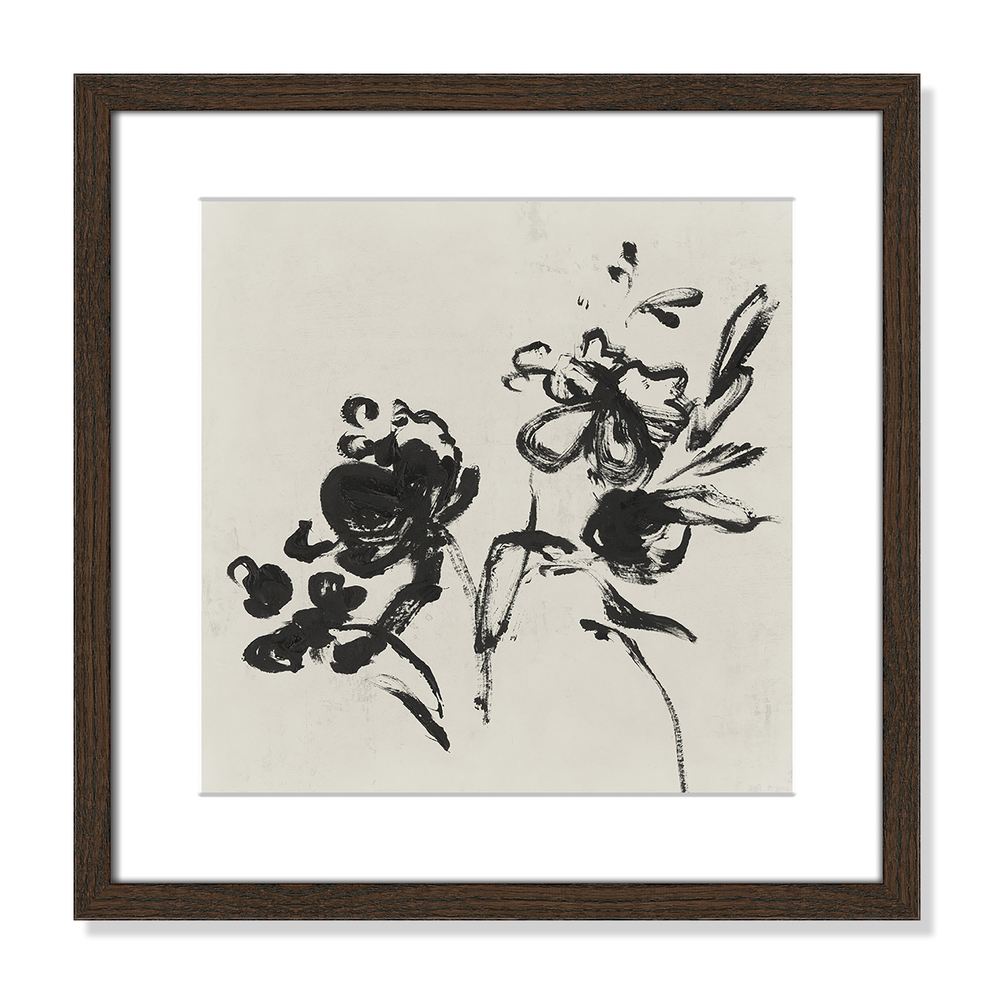 Black Florals I by Isabelle Z - Picture Frame Painting, 18.25" H x 18.25" W , Walnut Wood Grain