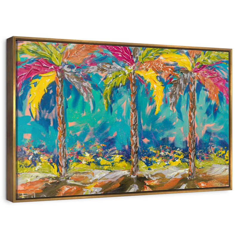Palmiers d'été tropicaux, 46 po x 31 po, Cadre flottant doré
