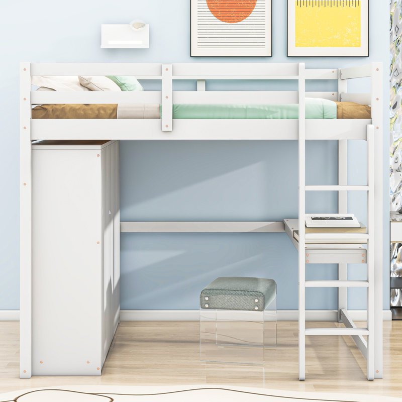 Lit mezzanine en bois avec garde-robe intégré, Blanc
