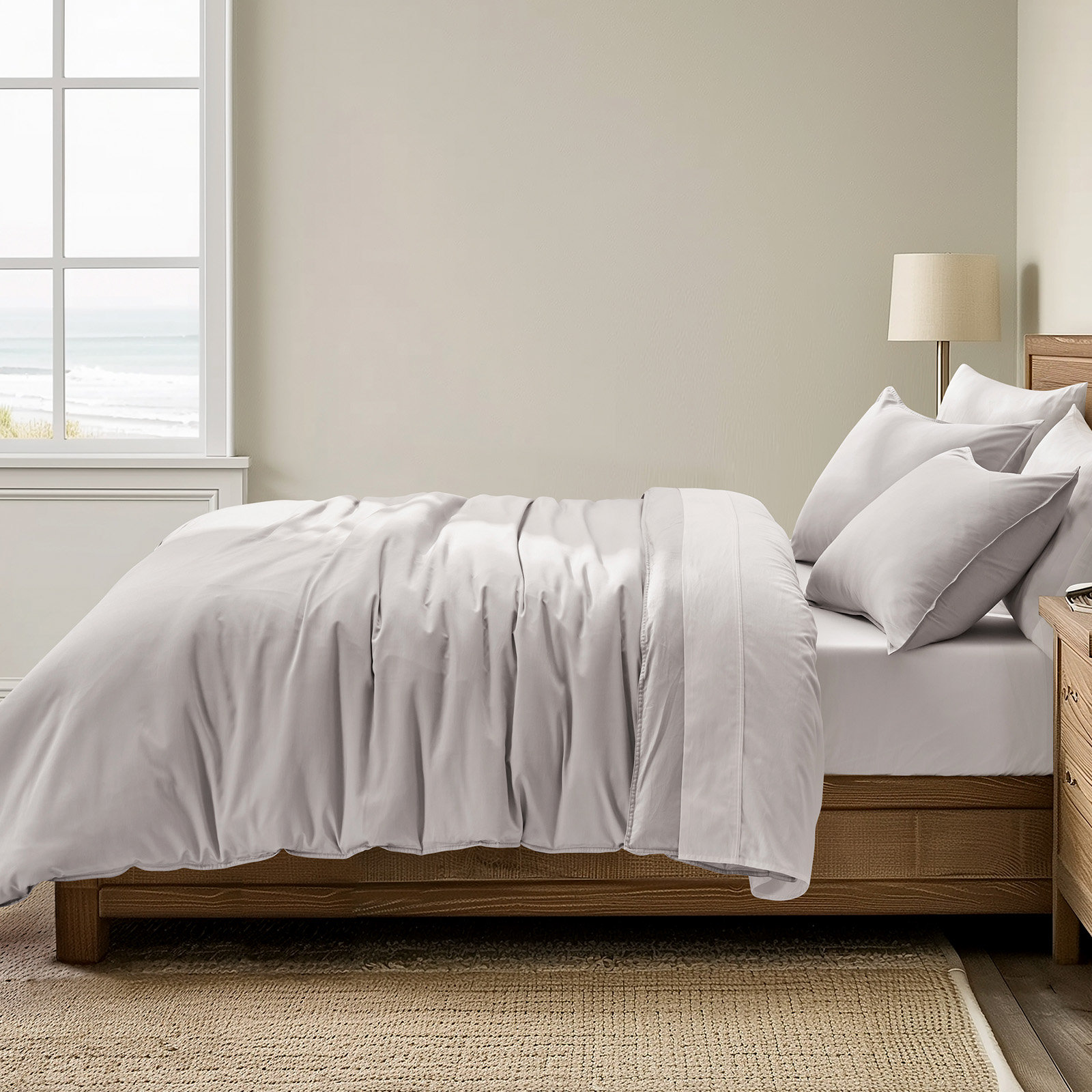 Cotton Tencel Duvet Cover Set, Queen Duvet Cover + 2 Queen Shams, Frost Gray
