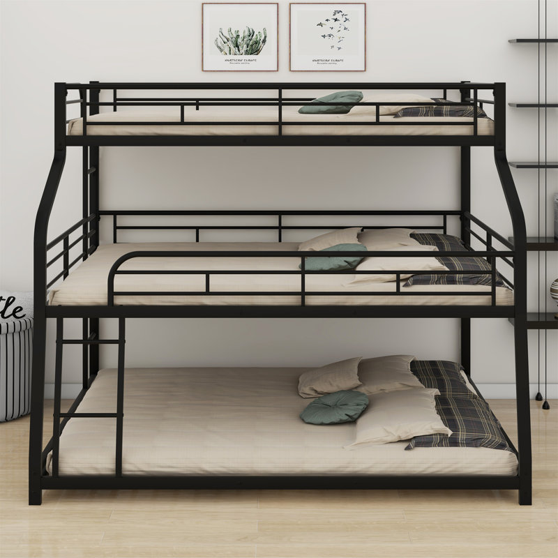 Triple Bunk Bed With Long And Short Ladder And Full-Length Guardrails