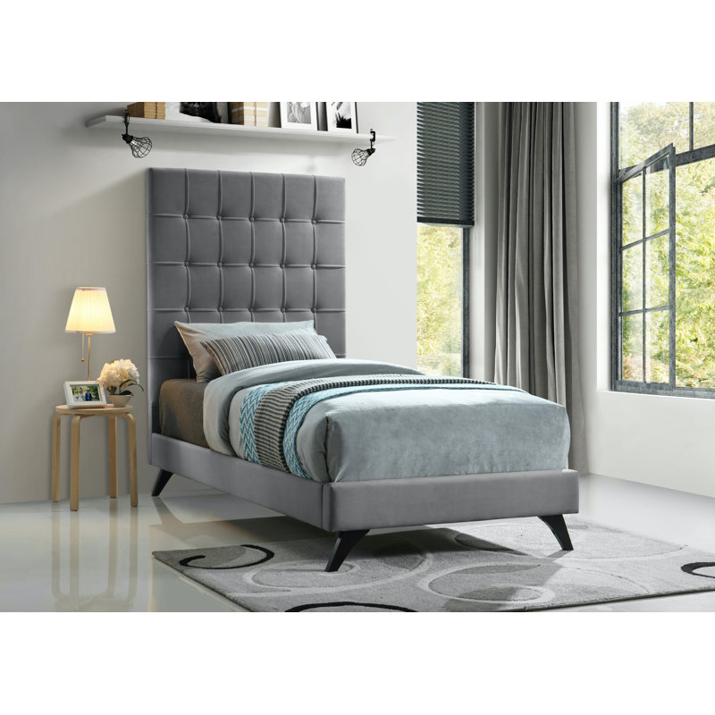 Lit plateforme tapissier Elly, Lit simple, Velours gris