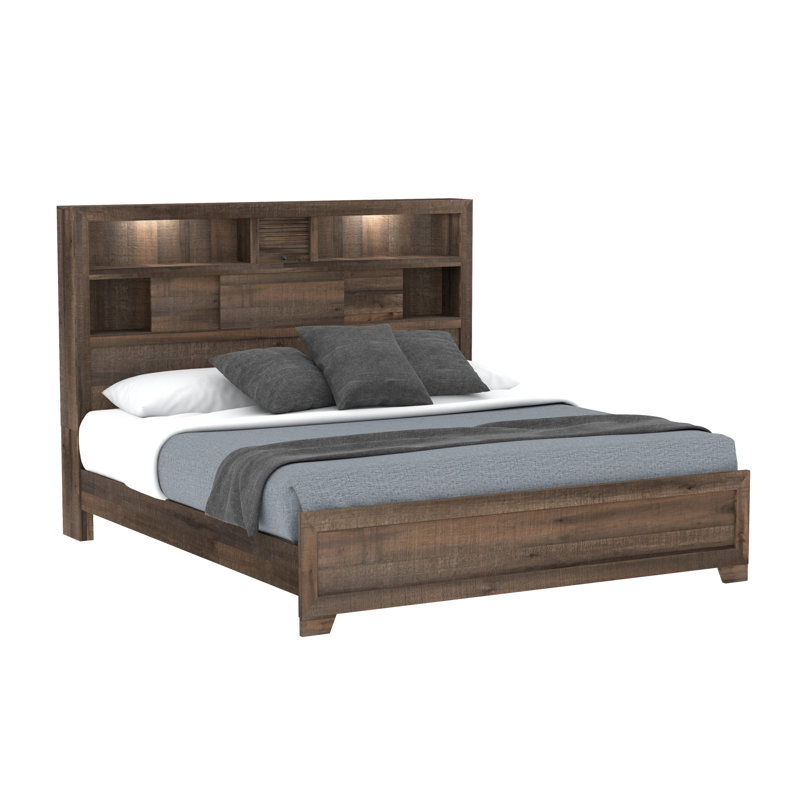 Kayna Rustic Bookcase Bed in Brown with USB Charging and LED Lights, Full / Double