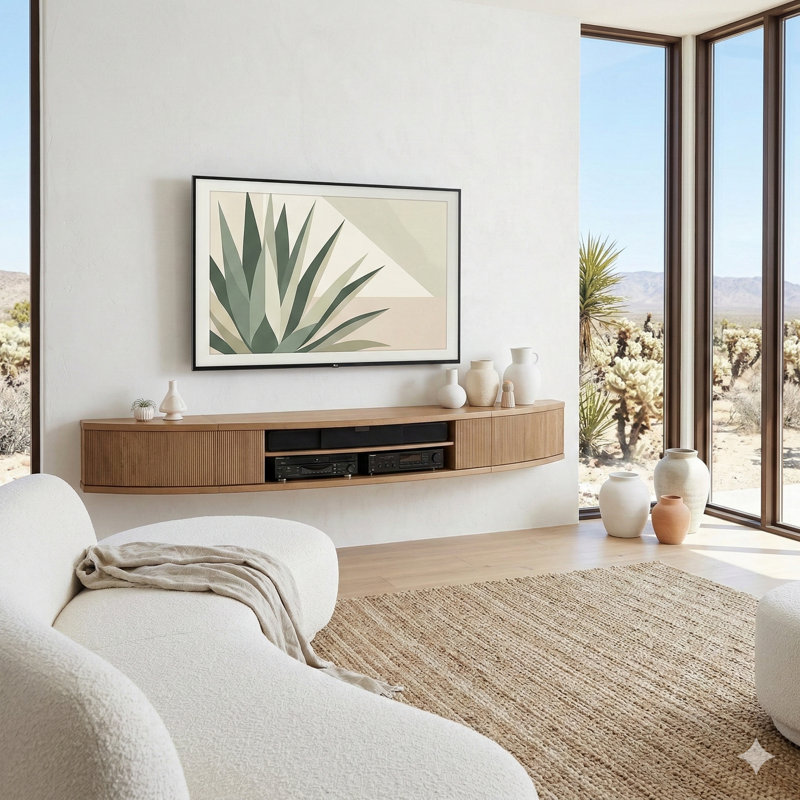Floating TV Stand Curved Wall Mount Entertainment Center - Arc - Ginger, Beige Wood