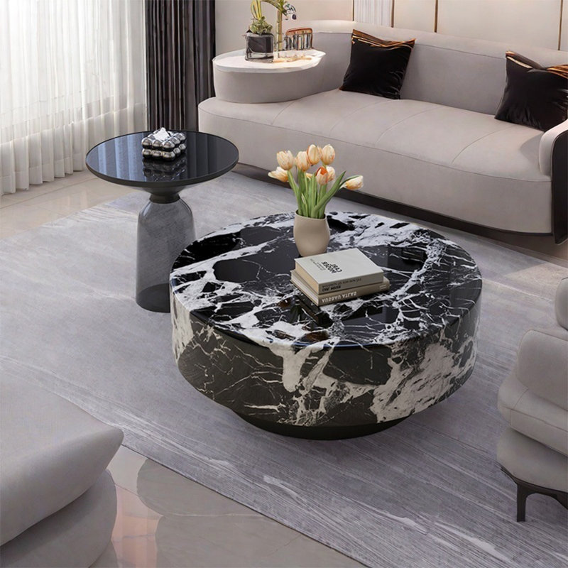 Table de salon italienne ronde en marbre, H 13,8 po x l 39,4 po x P 39,4 po	