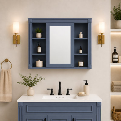 Pharmacie 35 po avec porte miroir, étagère ouverte et rangement mural pour salle de bain, finition bleu foncé