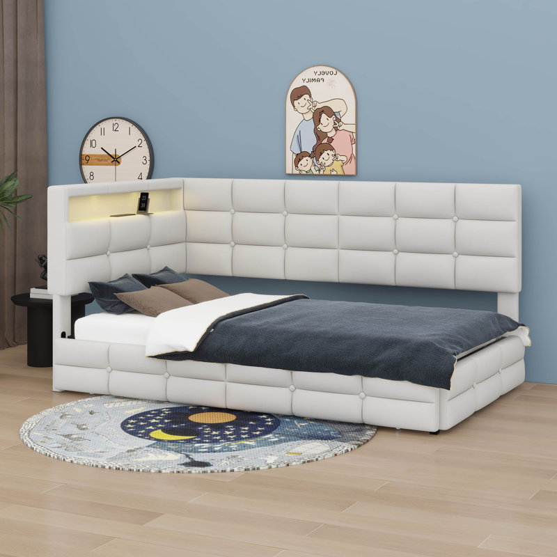 Upholstered Twin Size Daybed With Storage 2 Drawers And LED Lights, Beige