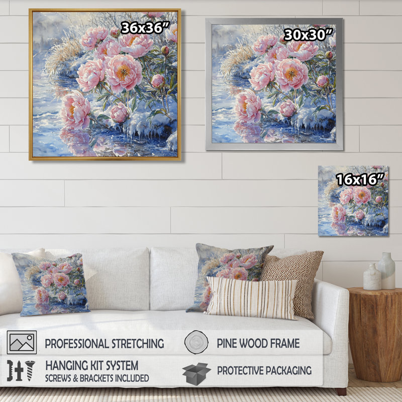Pivoines par la rivière gelée II - pivoines, art mural, H 30 po x l 30 po, Picture Framed, Blanc
