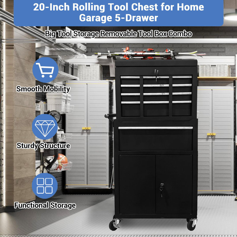 Coffre à outils roulant robuste à 5 tiroirs avec compartiment supérieur amovible, construction en acier, armoire verrouillable sur roulettes, organisateur de garage portatif
