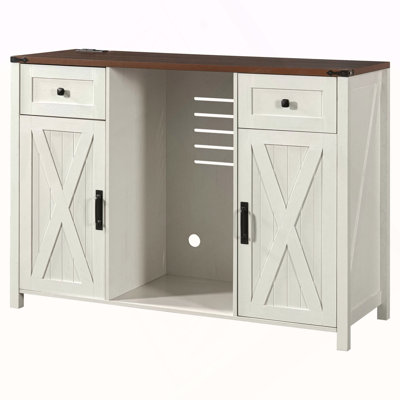 53.2" Farmhouse Fridge Cabinet with Power Outlet, Coffee Bar Cabinet with Storage Space, Mini Fridge Wine Cabinet with 2 Doors and 2 Drawers, Fluted Buffet Sideboard for Living Room, Kitchen White