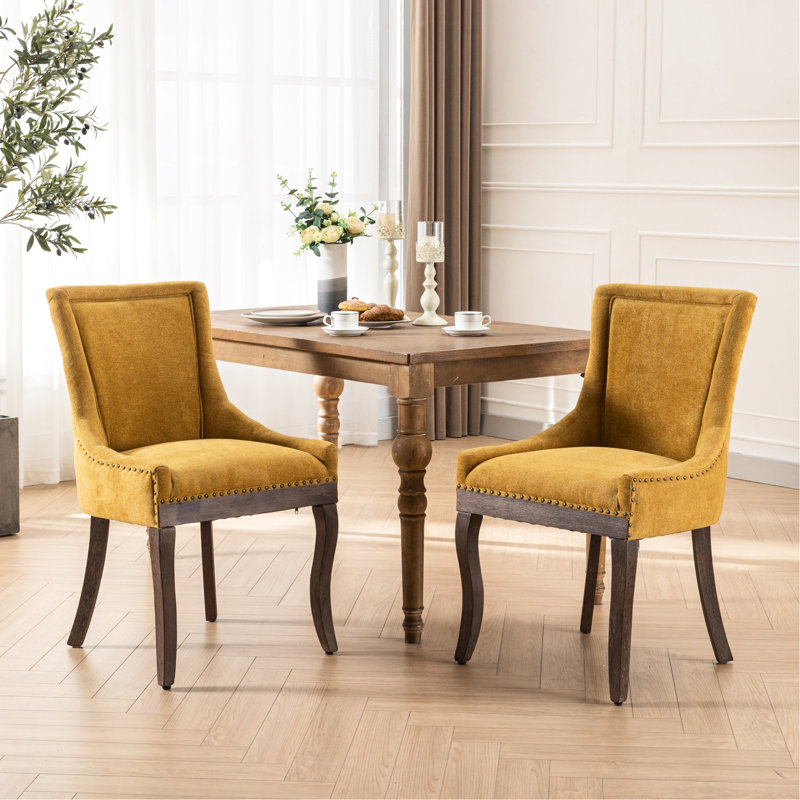 Chaises de salle à manger latérales jaune doré 2, housse en tissu épais, pieds en bois massif, dossier haut pour un confort accru, rivets délicats, rembourrage de siège en mousse, American Design Spirit 2, revêtement, exquis