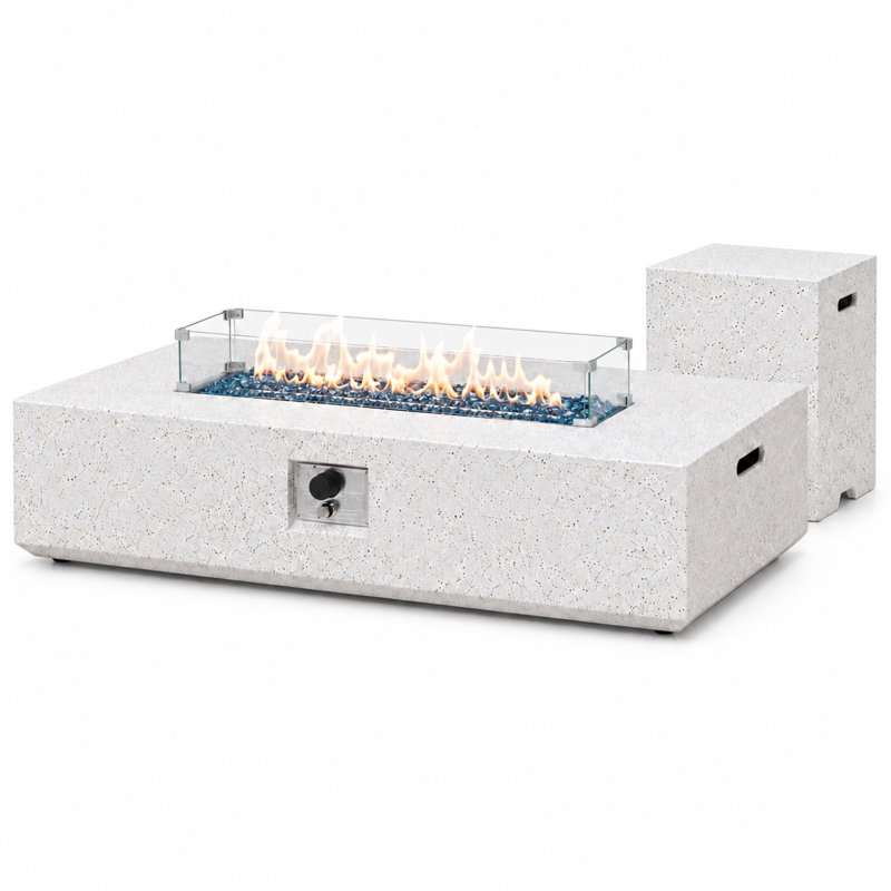 Table foyer au propane de 142 cm avec couvercle de réservoir, ensemble table foyer en terrazzo avec pare-vent en verre, brûleur en acier inoxydable et verre à feu, table foyer rectangulaire pour terrasse
