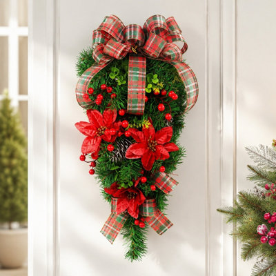20 Inch Artificial Christmas Teardrop Swag with Plaid Bow, Red Poinsettia and Frosted Berries, Front Door Winter Wall Hanging Decor