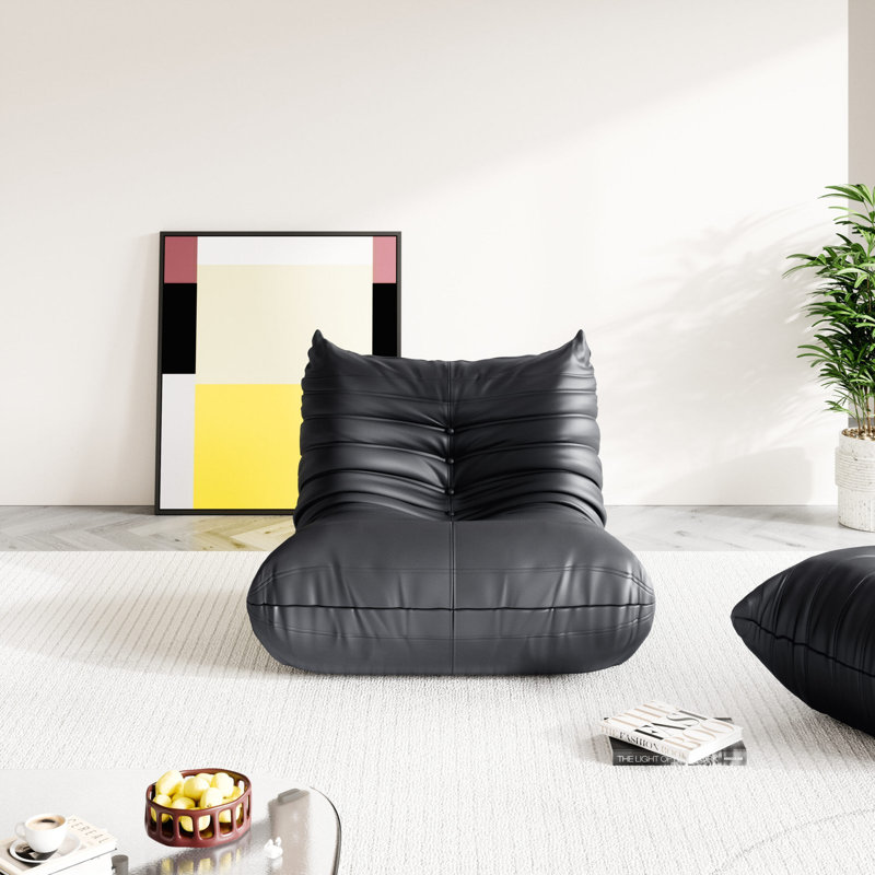 Boneless Armless 3-Seat Lazy Sofa Bean Bag Sofa Floor Chair For Living Room Bedroom, Faux Leather, Beige, 34.3" W, Black