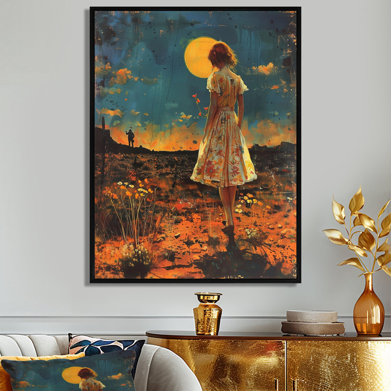 «Moonlight Memories Full Moon Prairie», art mural mode femme, Toile noire avec cadre flottant, H 20 po x l 12 po x P 1 po