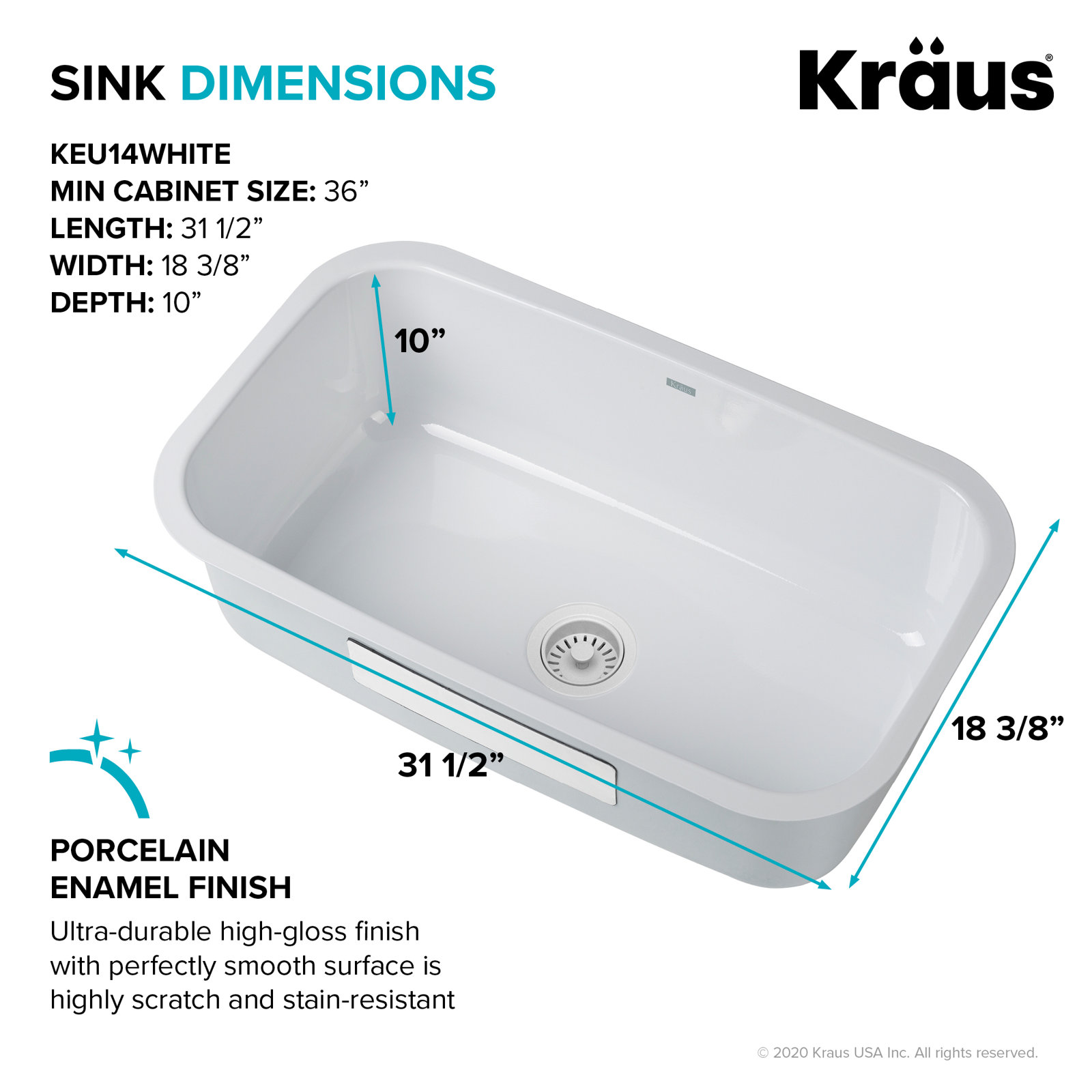 KRAUS Pintura™ 31 1/2-inch L 16 Gauge Undermount Single Bowl Enameled Steel Kitchen Sink in White