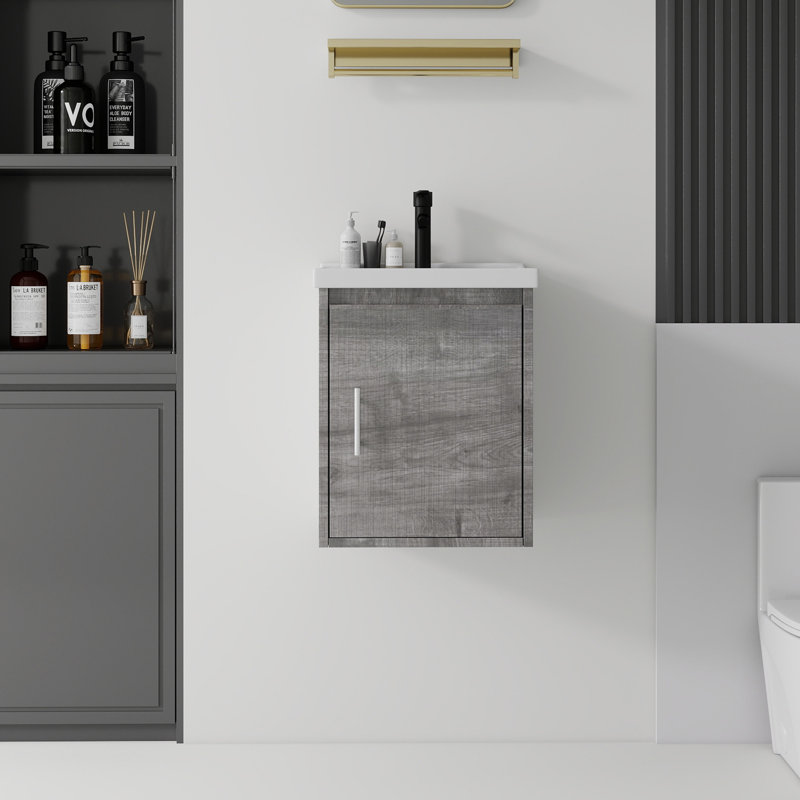 Meuble-lavabo suspendu de 40 cm avec lavabo, porte à fermeture douce, lavabo en céramique, meuble en contreplaqué, chêne gris