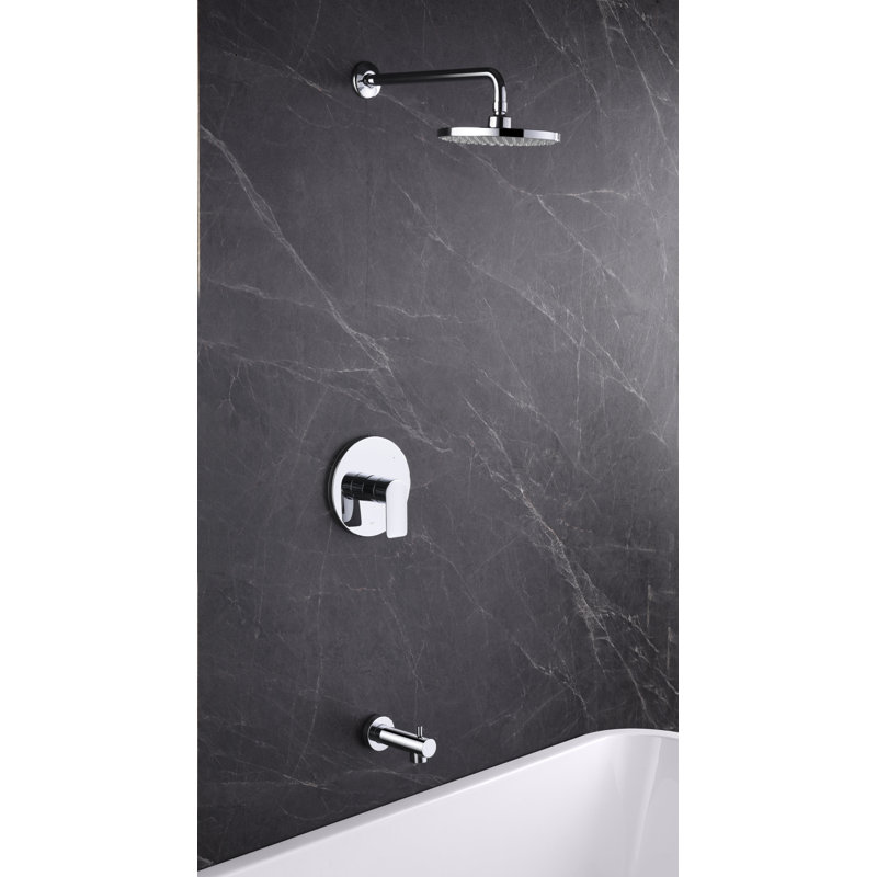 Wedge Collection Shower System: 8" Round Shower Head, Single Handle Set, Tub Spout, & Rough-in Valve Included - Chrome Polished