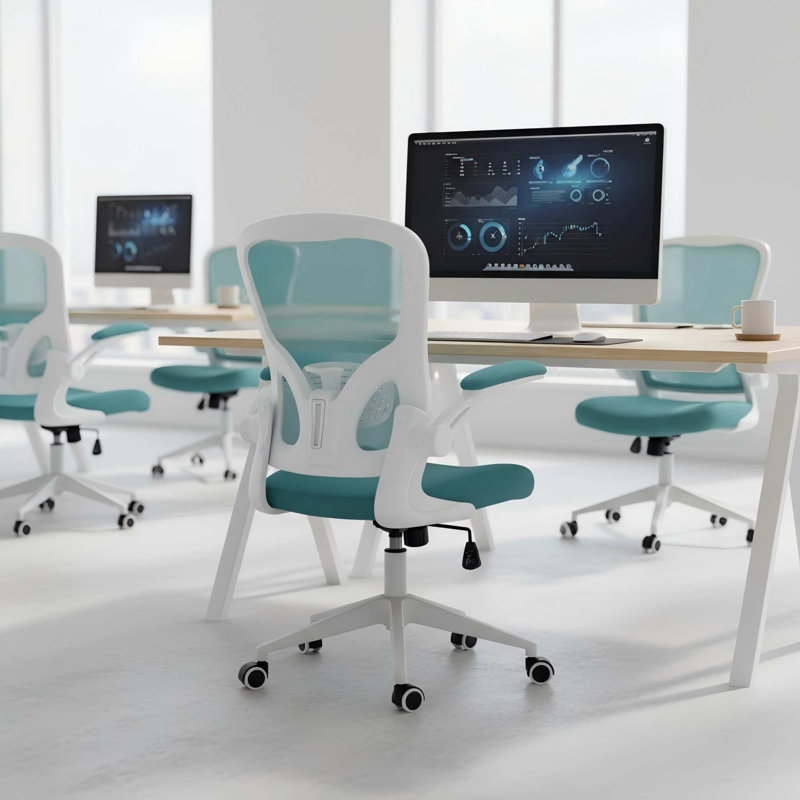 Modern Ergonomic Mid Back Mesh Office Chair with Adjustable Lumbar Support and Flip-Up Arms, White/Light Blue