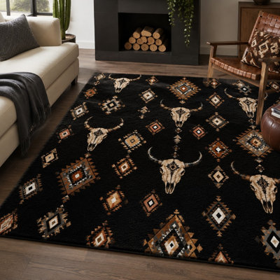1 tapis à motif géométrique de style crâne Southwestern - lavable, antidérapant, grand tapis mince pour le salon, la chambre à coucher, la cuisine et le bureau à l'intérieur pour la maison