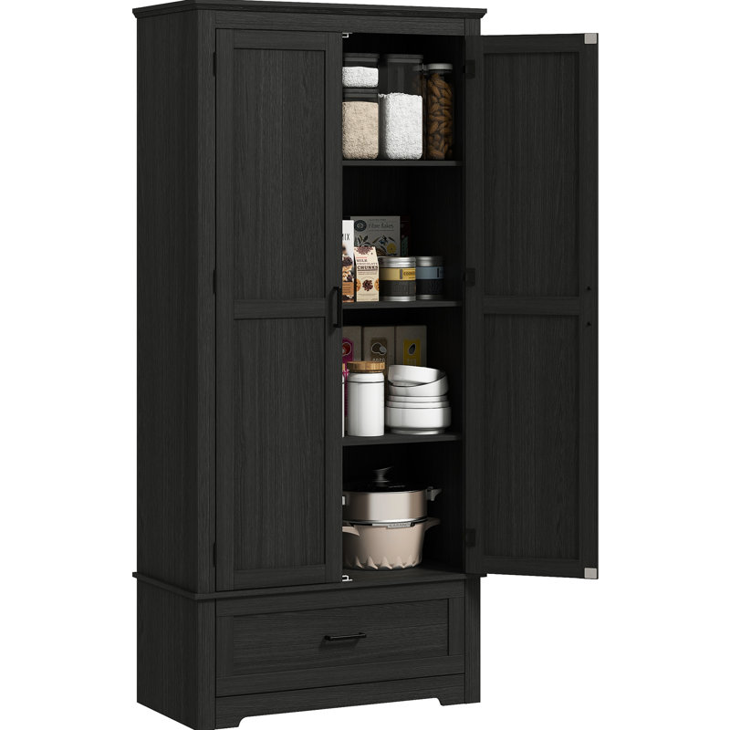 Armoire de rangement de 69 po de hauteur avec garde-manger noir. Offre amplement d'espace avec 4 tablettes et un tiroir. 2 tablettes réglables personnalisables. Surface en grain de bois de style. Inclinaison sécuritaire. L 31,5 po x P 15,75 po. H 68,9 po.