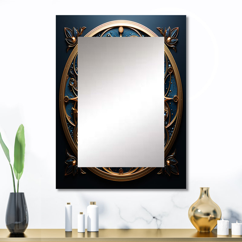 Or antique et bleu sarcelle fleurs anciennes phoque - grand miroir mural Botanicals, miroir décoratif doré, impression d'art en métal