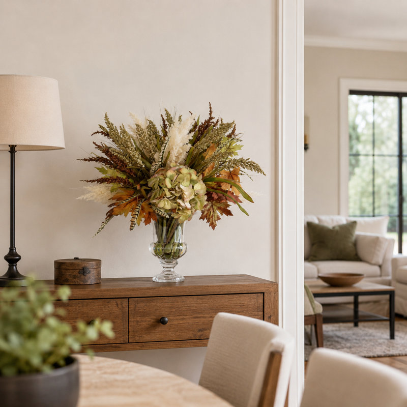 Chute d'automne et arrangement de pampas dans un vase en verre piédestal