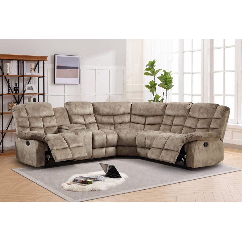 Karish 3-Piece Upholstered Manual Reclining Sectional with Cupholders and Storage , Brown Microfiber / Microsuede