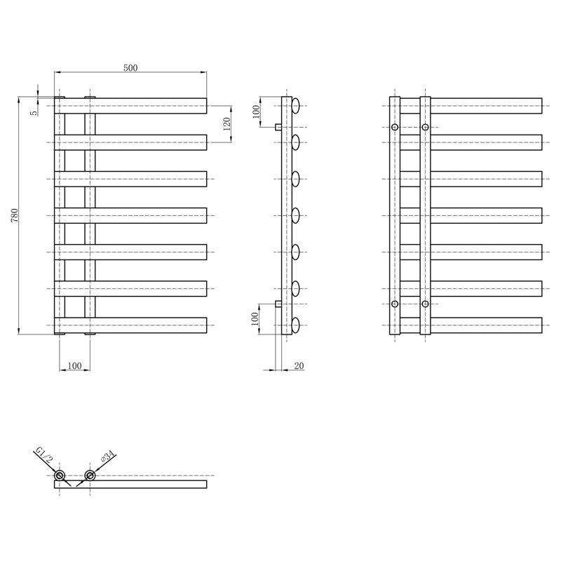 Flat Panel Towel Rail Heated Towel Rails, 780mm H x 500mm W x 60mm D, Anthracite